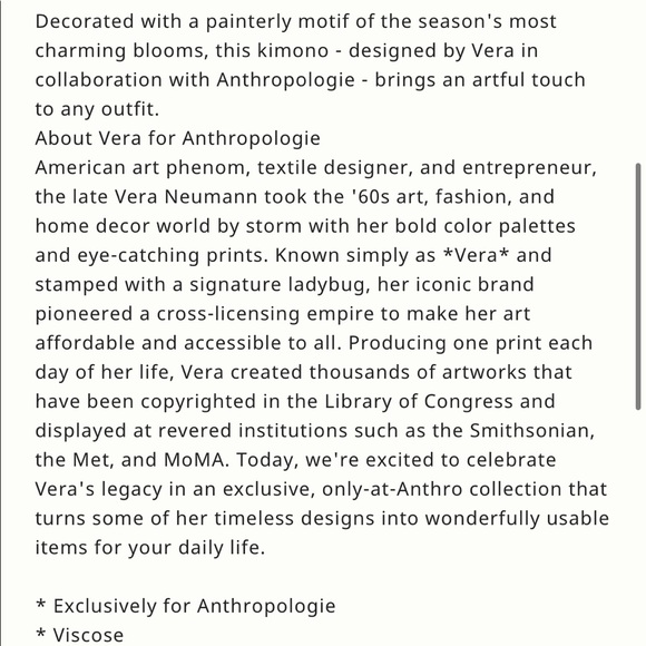 Vera for Anthropologie Bouquet Kimono Robe Open Front Cover Up One Size - Picture 12 of 12